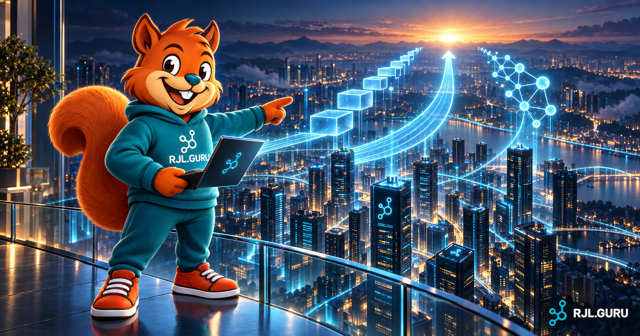 The RJL.guru squirrel mascot on a glass overlook above a glowing data city, pointing from a laptop to a holographic roadmap with three paths: build smarter, scale faster, lead with AI